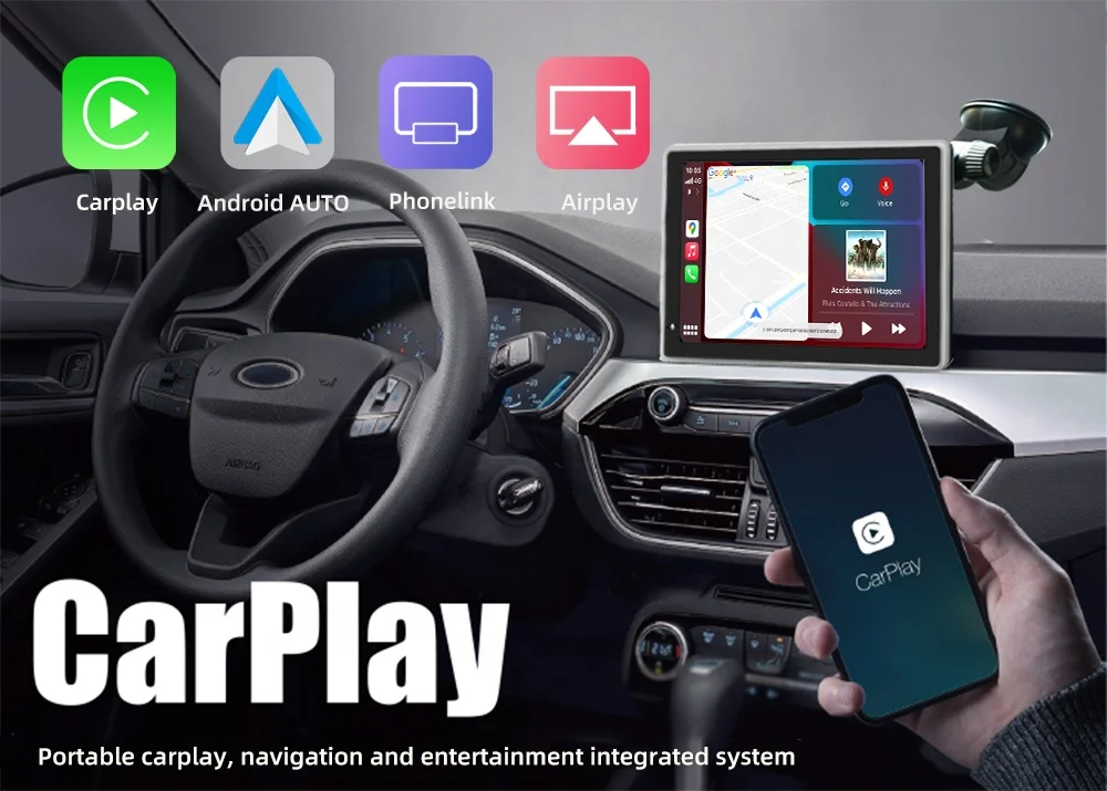 Lettore DVD per autoradio IPS portatile multimediale HD da 7 pollici Carplay Android Auto BT AUX Touch Screen