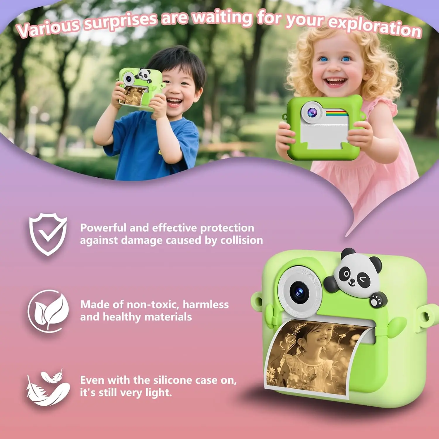 Kids Camera Instant Print with Color Printing Paper and 32GB Card, Front Rear Dual Selfie Kids Camera with 1080P Videos