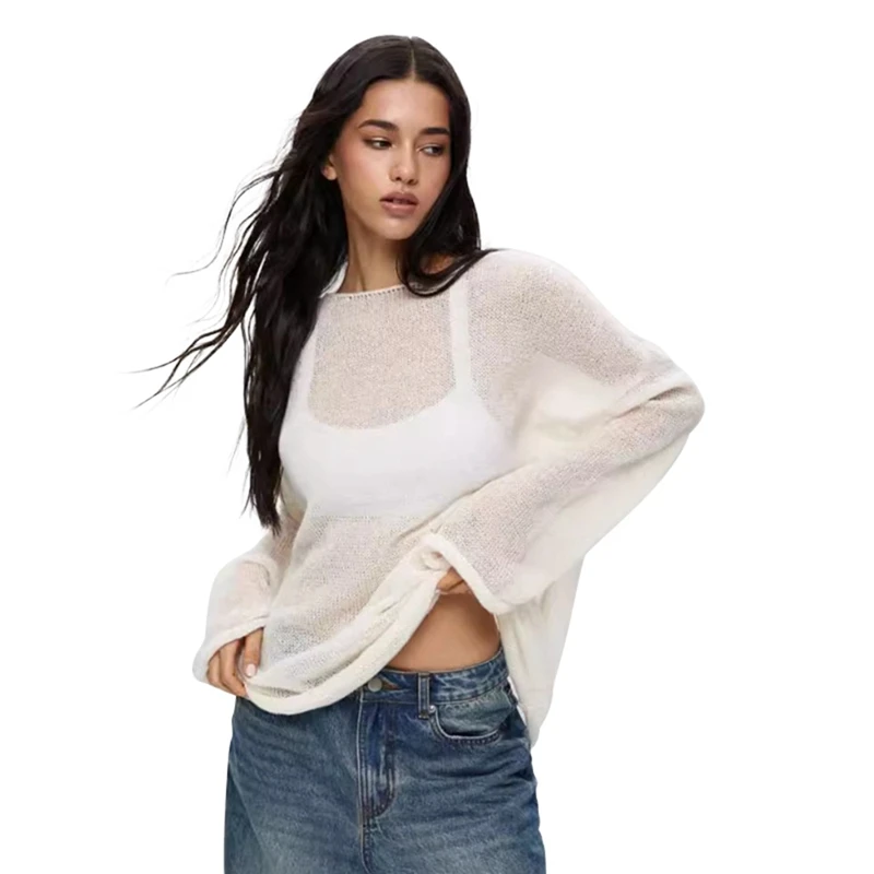 Knit Hollow Out Pullovers Women Sweater Summer Autumn Casual Loose Mesh Sweater Y2k Lady Beach Pullovers Chic Jumper