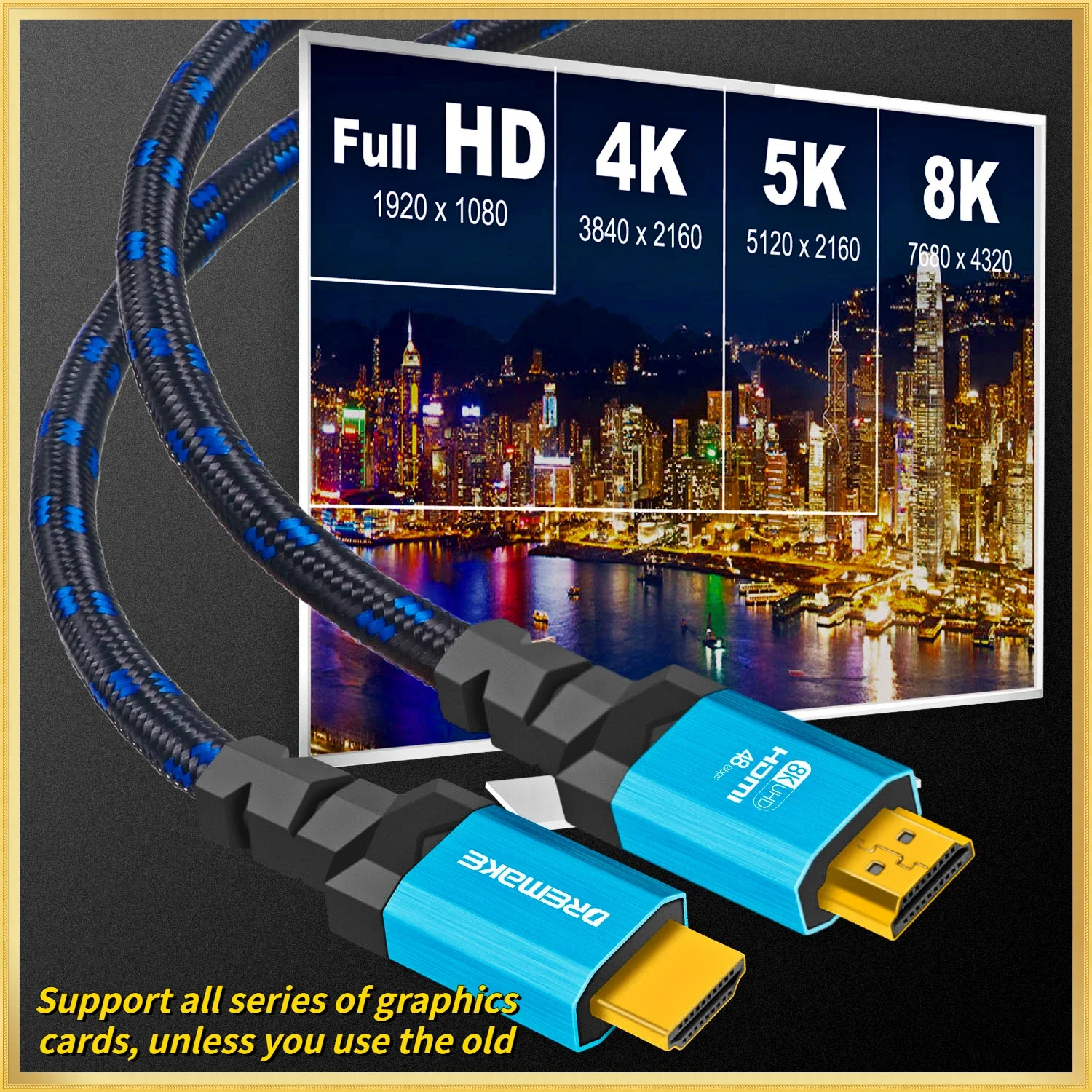 HDMI 8K@60Hz and 4K@120Hz 48Gbps Gold Plated Cable for HDTV Splitter Switcher Display Port To Hdmi Adapter HDMI 2.1 Cable