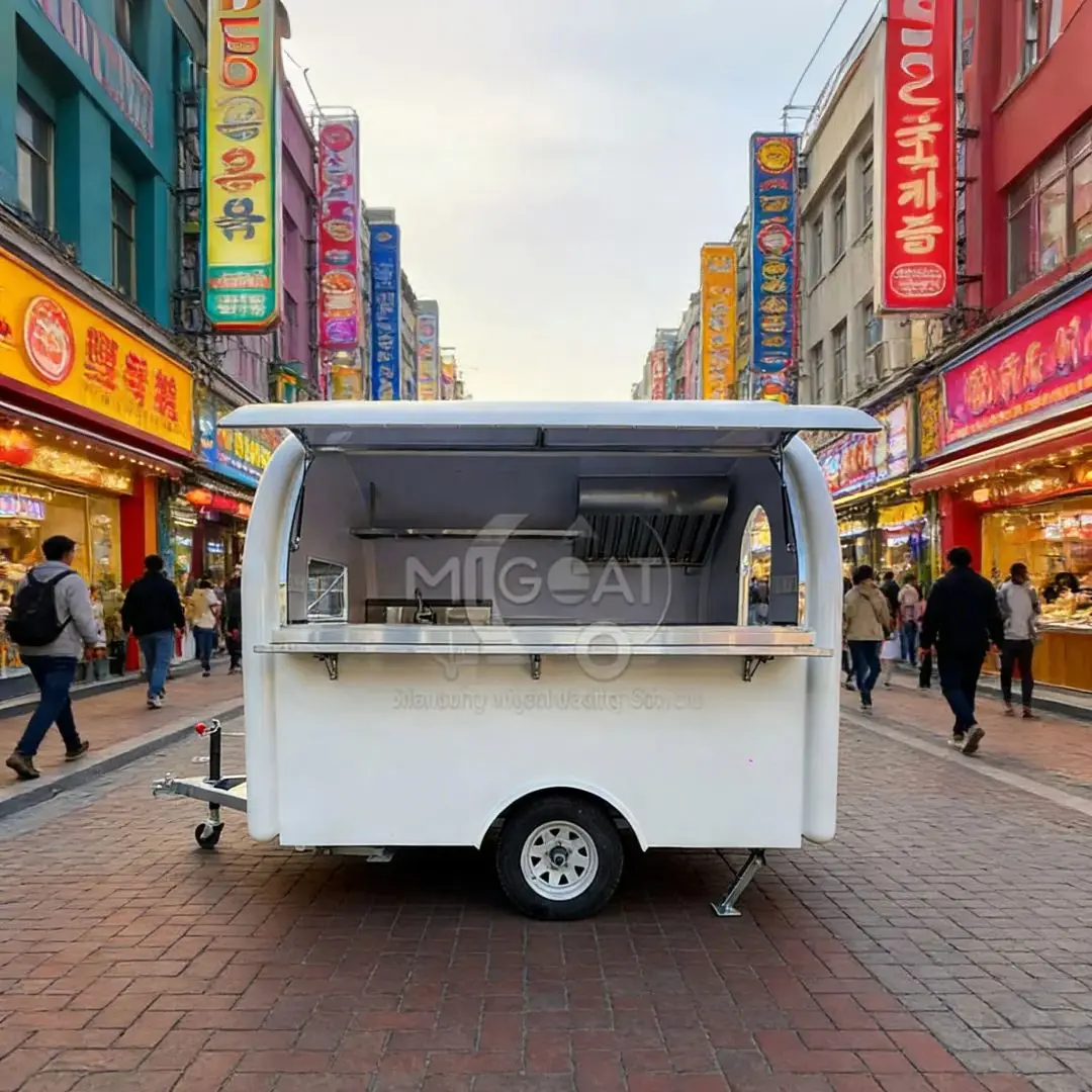 White Curved Mobile Food Truck Stainless Steel Workbench with Ventilation System Portable Kitchen Trailer for Catering