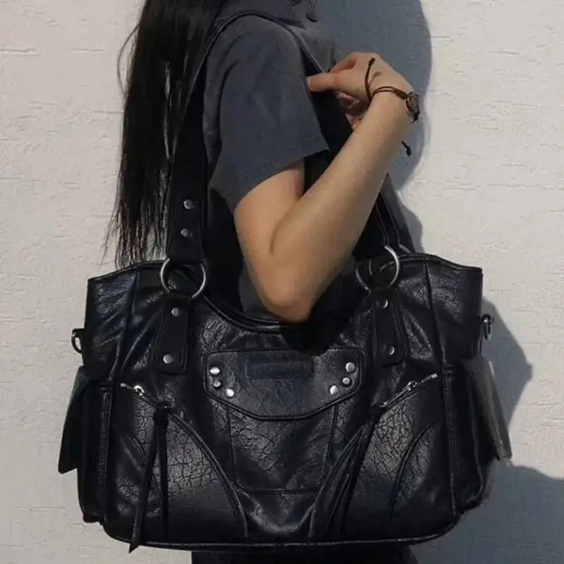Women Leather Surface Rivet Single Shoulder Handbag Large Capacity Retro Multiple Styles Street Trend Daily Versatile Tote Bag