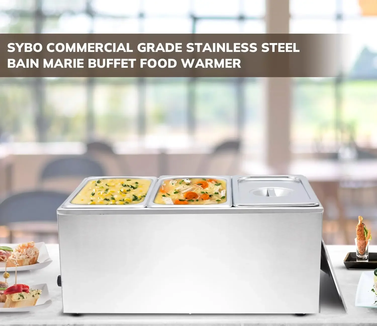 Commercial Grade Stainless Steel Bain Marie Buffet Food Warmer Steam Table for Catering and Restaurants, Good for Parties Buffet