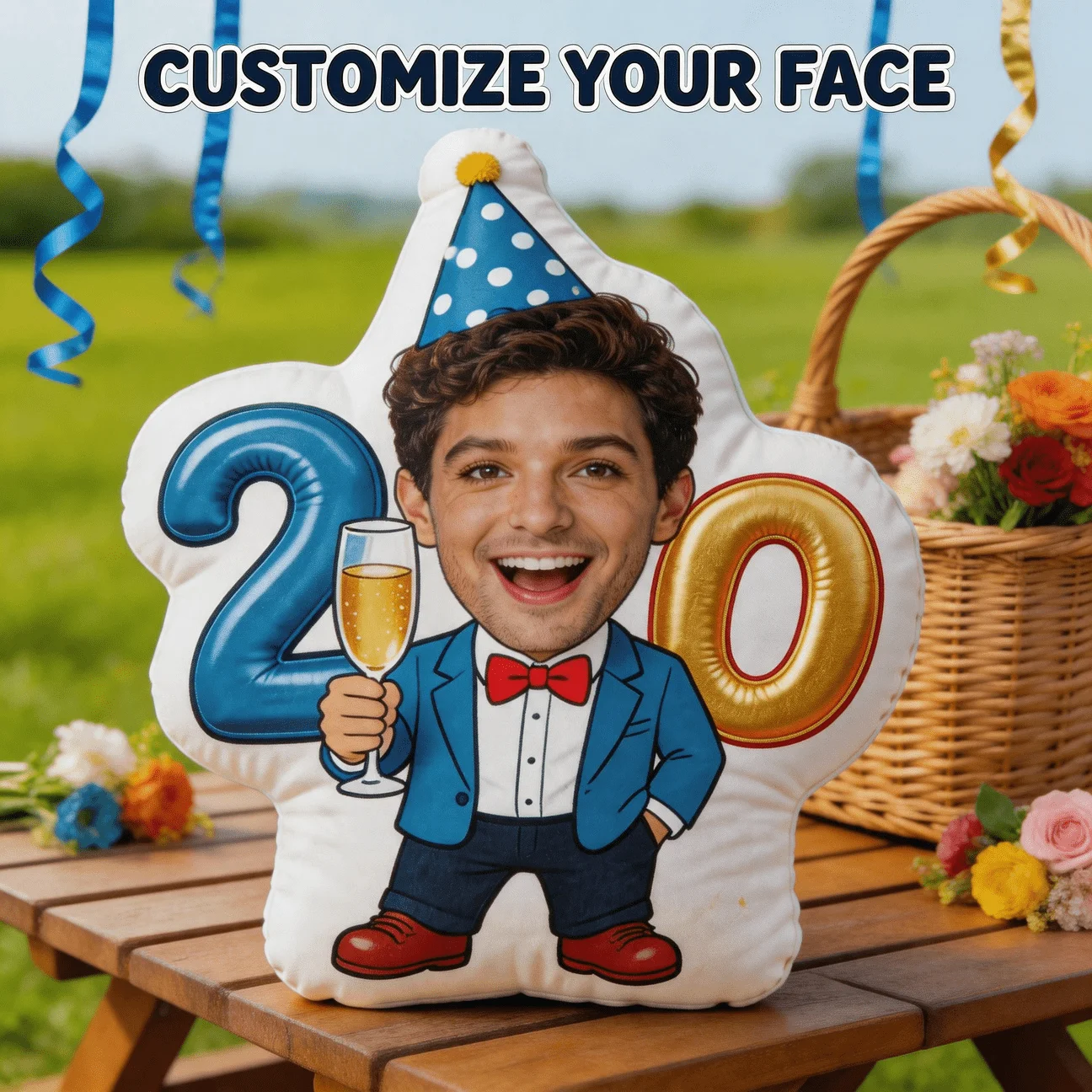 Custom Personalized Photo Face Pillow, 20th Birthday Celebration Custom Shaped Decorative Cushion with Double-Sided Printing, 60