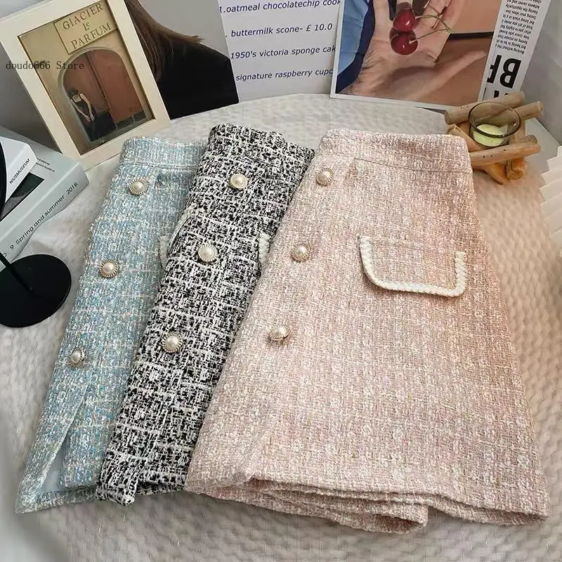 High Waist Skirts Autumn Spring Plaid Wool Mini Skirt Faldas Elegant Tweed Skirts for Women Sweet Pearl Button
