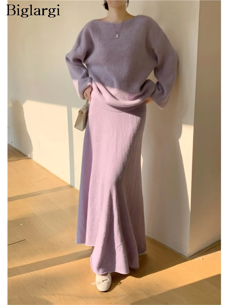 Knitted Autumn 2 Two Piece Set Women Korean Style Loose Ladies Sweaters Fishtail Ruffle Pleated Fashion Woman Long Skirts