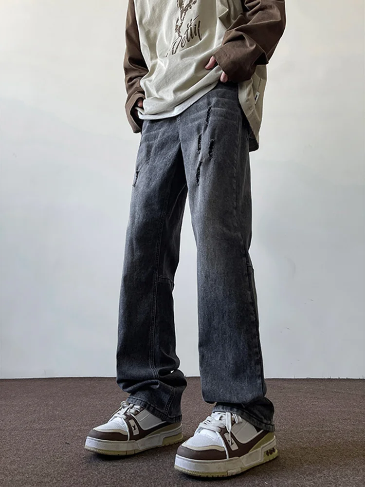 

Men's Straight Leg Jeans Fake Ripped Spring 2024 New American High Street Style Trendy Brand Handsome Bell Bottoms
