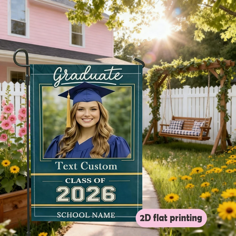 Garden flag custom Name Photo And School Name Teal Gold White Border Gifts for Graduates No power supply required view 6