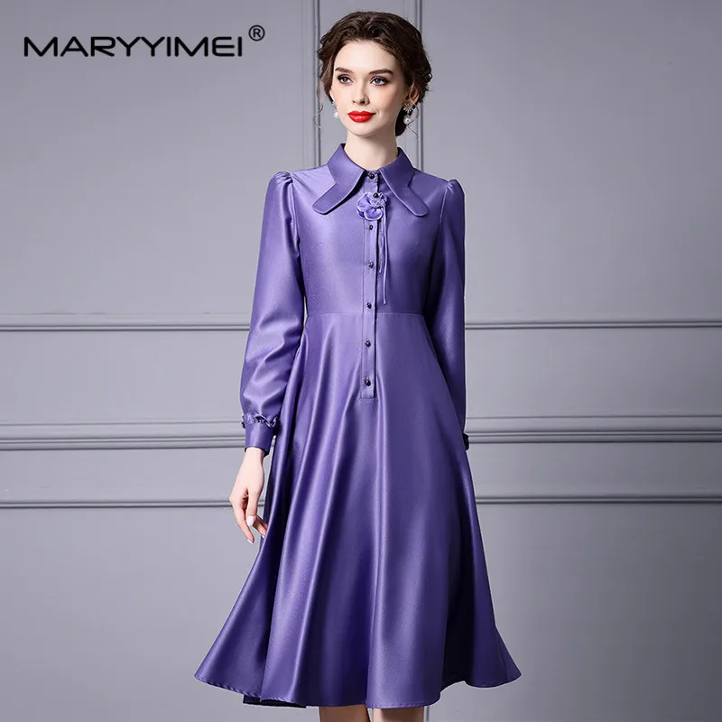 MARYYIMEI Fashion Women's New Elegant Chic Shirt Collar Purple Flower Long-Sleeved Single-Breasted Office Lady Pretty MIDI Dress