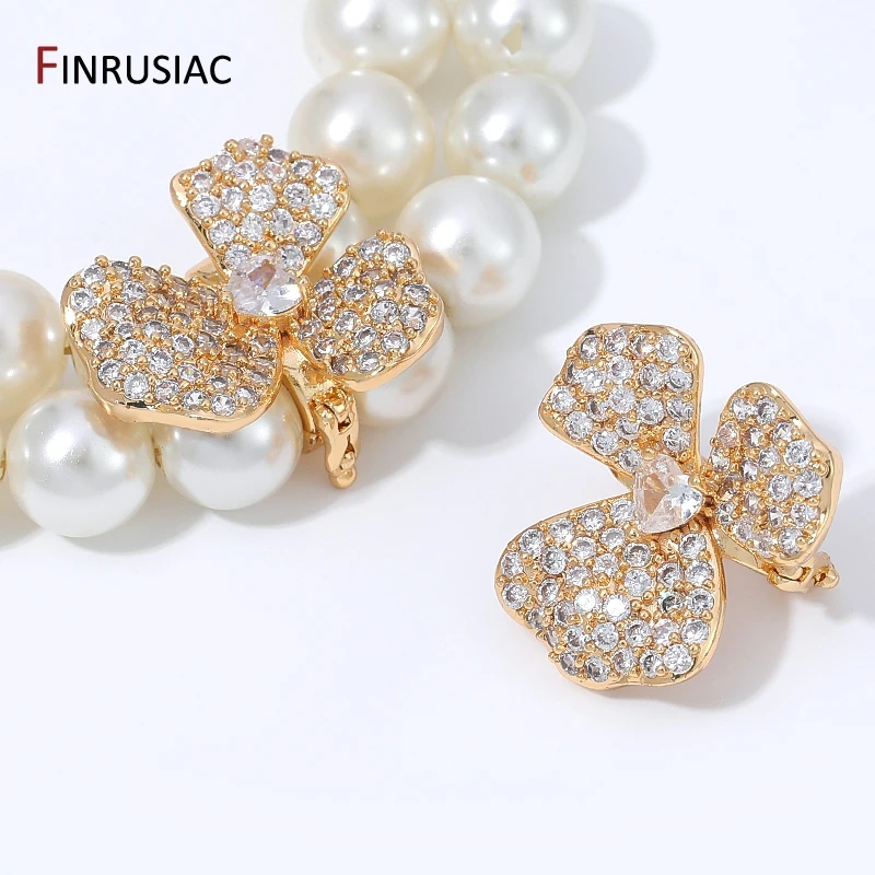 18K Gold Plated Brass 3 Petal Flower Shape Bead Separator,Zircon 2-strand Spacer Bead Clip for DIY Pearl Jewelry Accessories