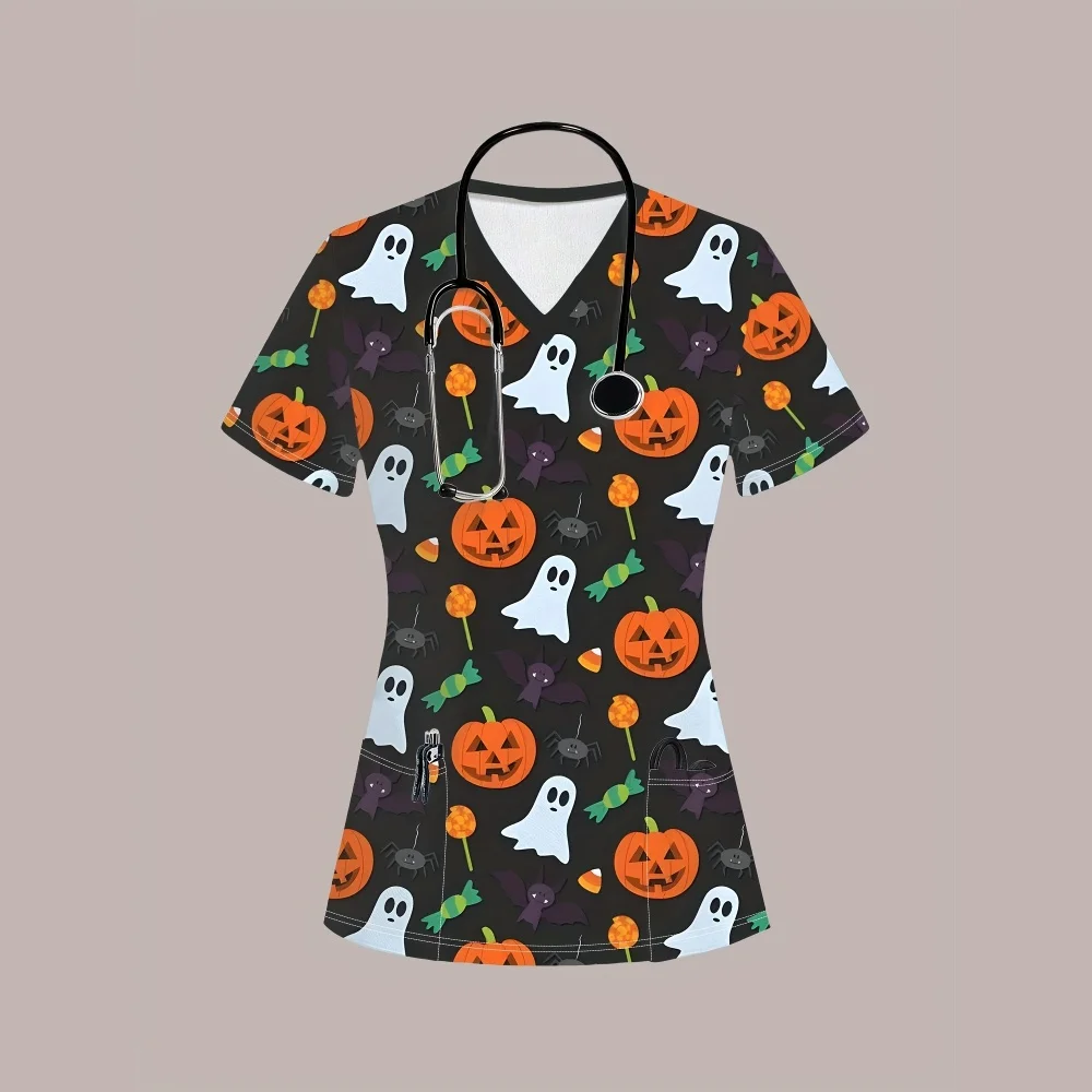 スクラブ制服女性ハロウィンシリーズ獣医医療スクラブトップスカジュアル半袖ポケット付き臨床制服女性