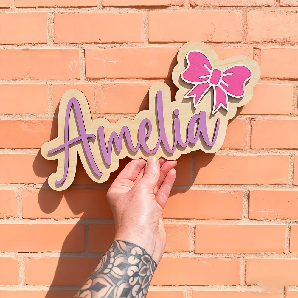 Personalized Baby Girl Nursery Name Sign - Custom Cursive/Block Letters Wood Door Hanger with Bow - Wood Baby Name Tag & Nursery