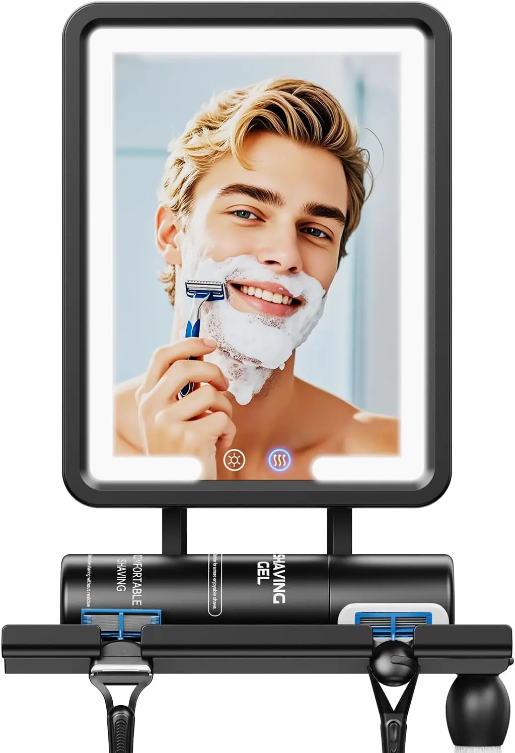 

Anti-Fog Shaving Mirror Heated for Shower 3 Colors Dimmable Lights No-Drilling Razor Holder Removable Black