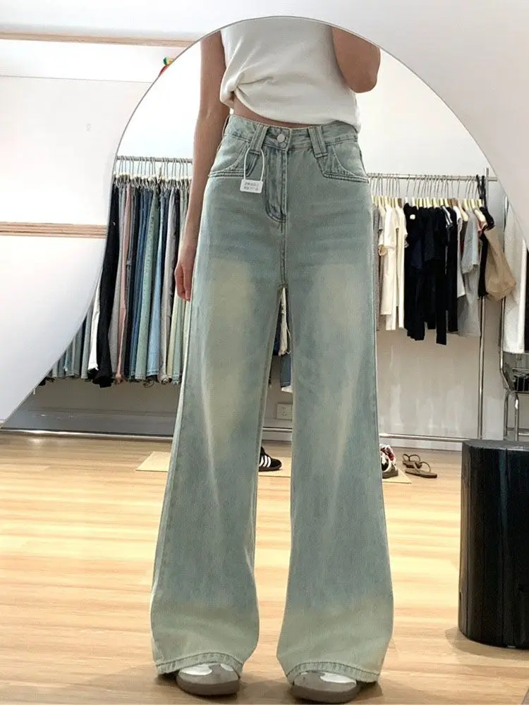 

American Vintage Light Blue Gradient Jeans Women High Waist Baggy Straight Leg 2000s Retro Subculture Streetwear Denim Pants