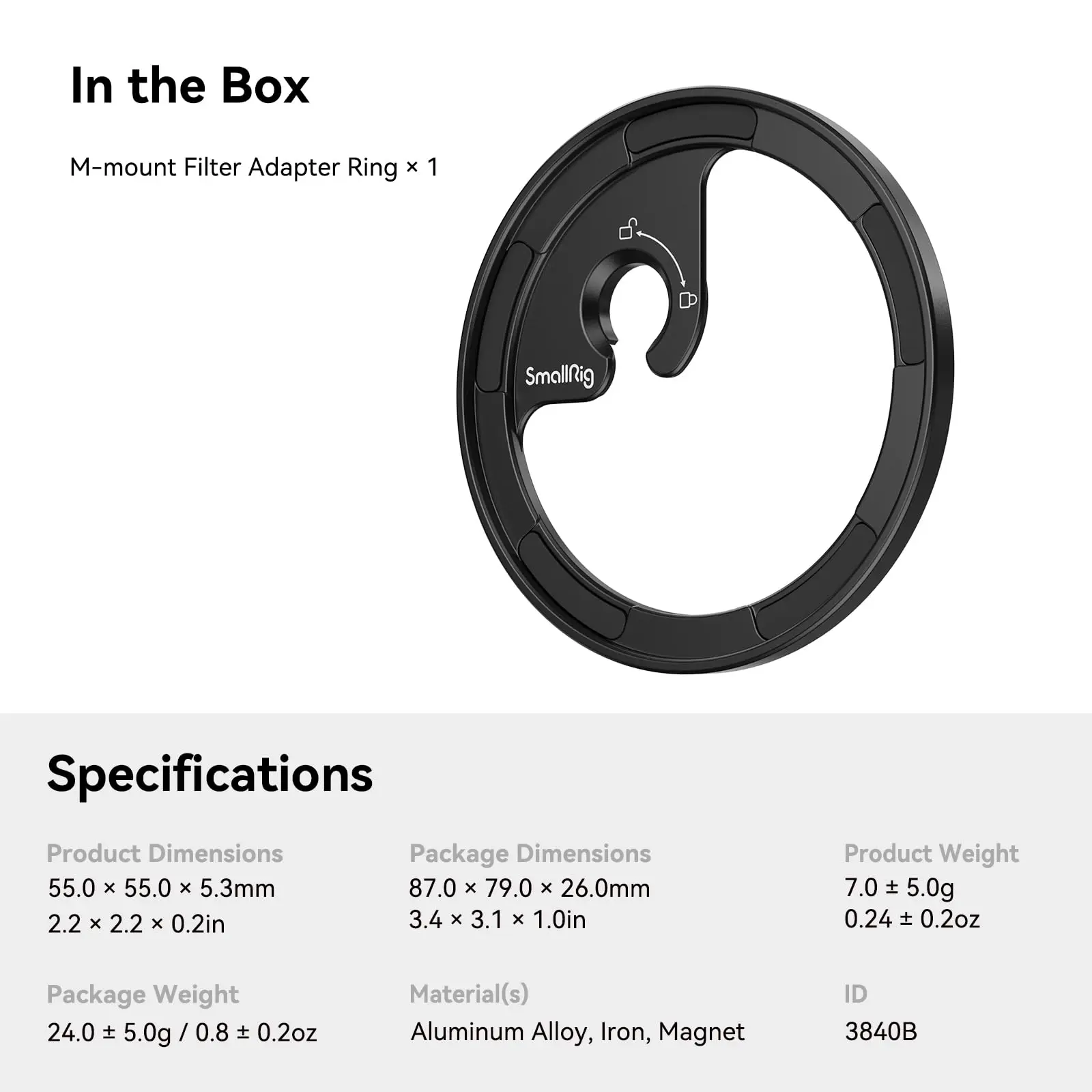 SmallRig 52 mm magnetische filteradapter, snelsluiting magneet telefoonlens filterring voor telefoonkooi/hoesje met M-lenshouder -3840C