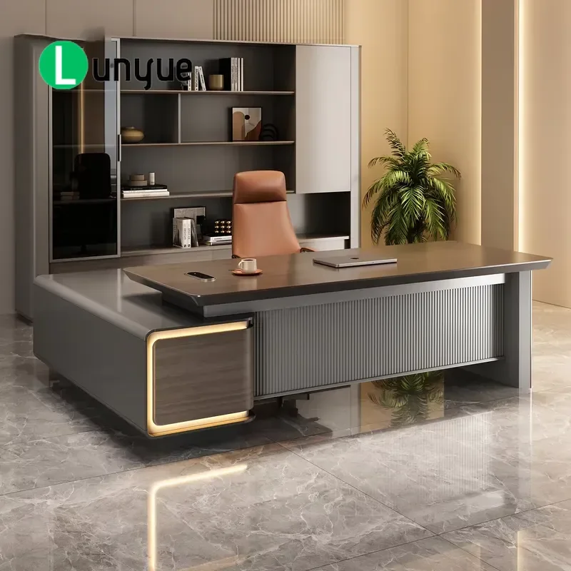 Modern Luxury L Shaped Executive Desk Melamine Top Metal Slat Front LED Light Cabinet Locker For CEO Office Furniture
