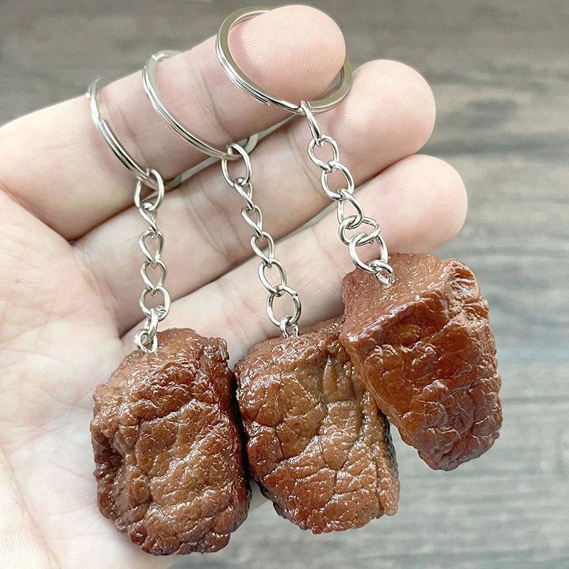 Simulation Beef Block Beef Keychain Imitation Food PVC Beef Cubes Keyring Food Model Simulation Food Keychain Fashion Jewelry