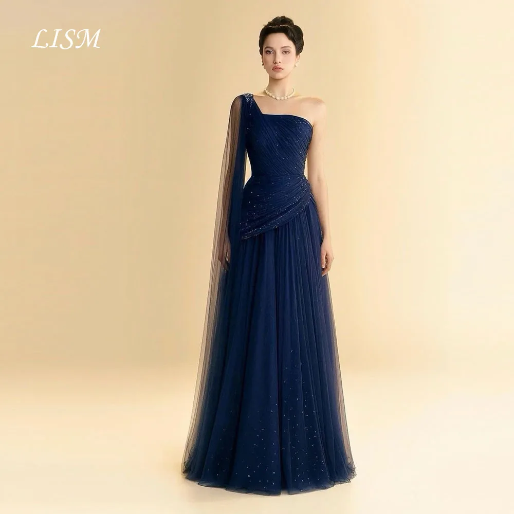 

LISM One Shoulder A-Line Evening Dresses Simple Silk Tulle Long Elegant Modern Prom Gowns robe de soirée Customized Party Dress