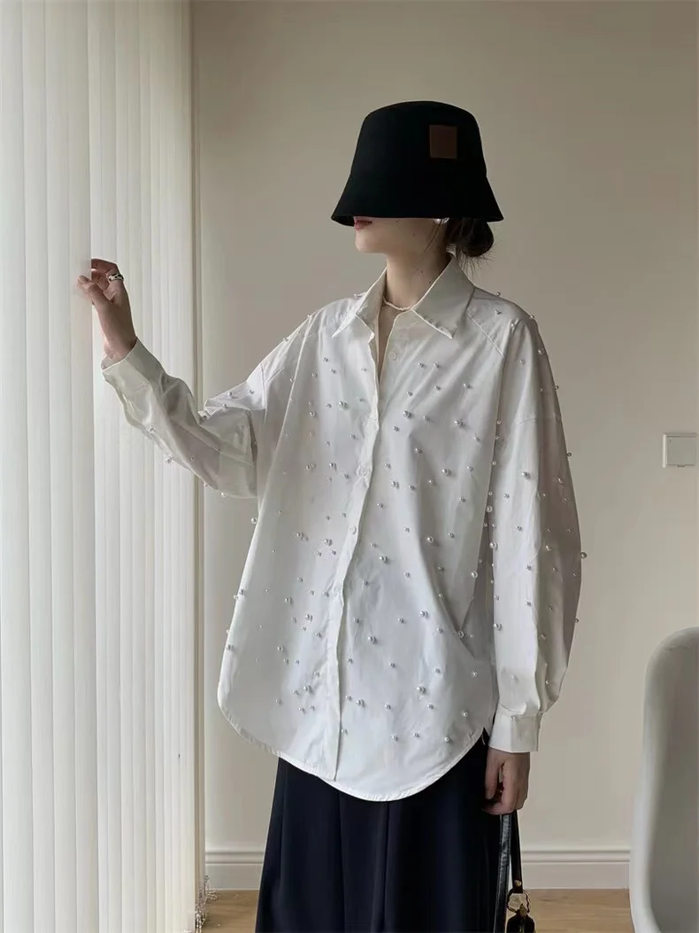 Luxury Heavy Exquisite Beaded Mid-Length Shirts and Blouses For Women 2024 New In Button Up Casual Loose Long Sleeve Top Blusas