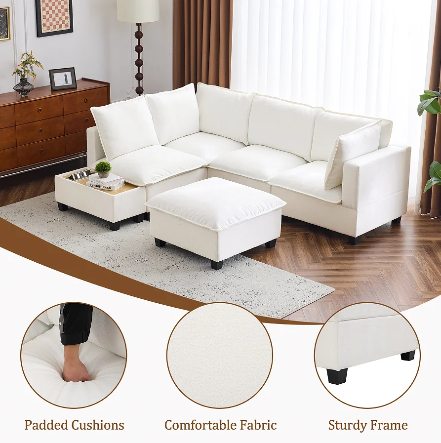 

#Cloud Convertible Chenille Sectional Sofa Bed Set Modular Design For Apartment Hotel & Villa Living Rooms Dark Gray