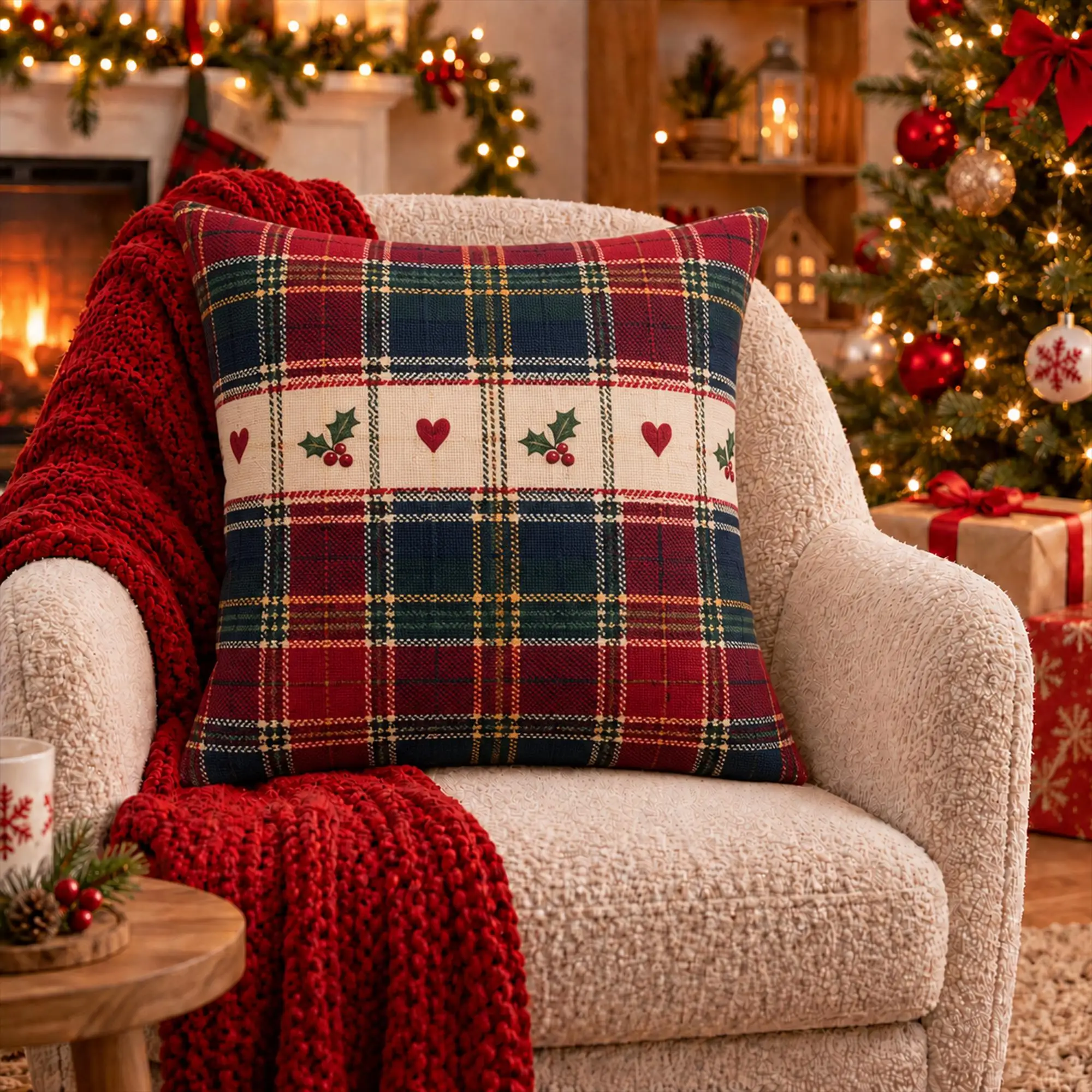 Christmas Pillow Covers  Buffalo Plaid Holly Berry Heart Red Green Cushion Case for Sofa Couch Living Room Home Decor Gift