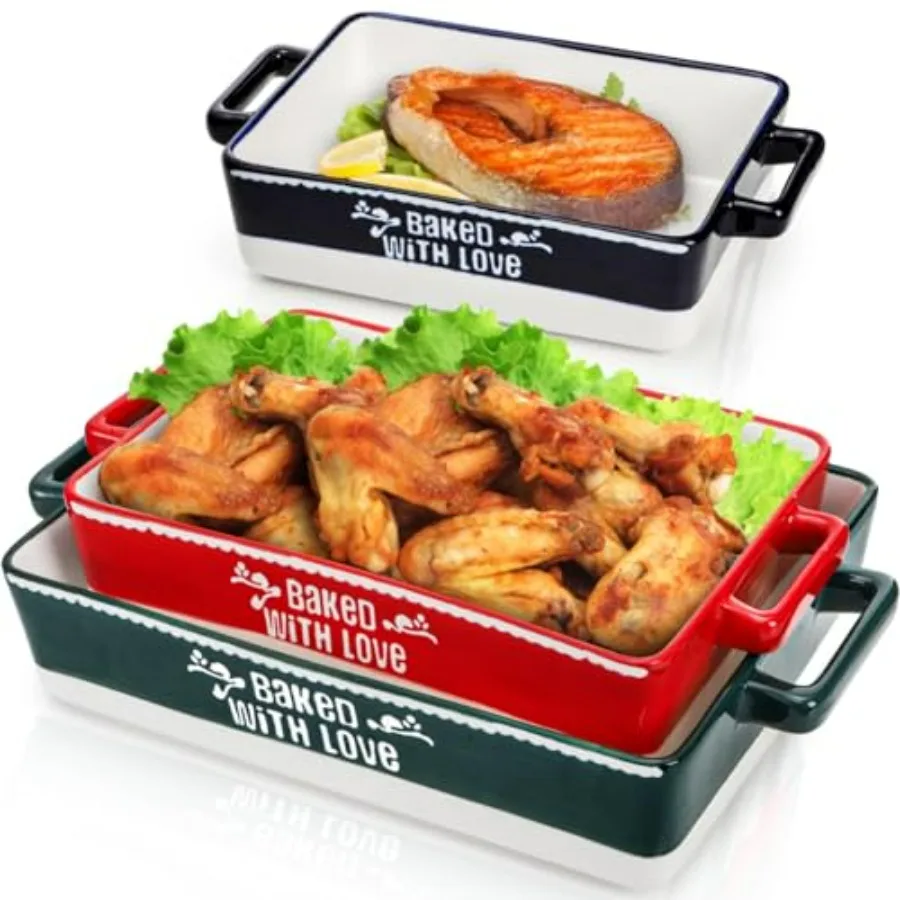 

3 Pack Ceramic Baking Dishes, Casserole Dishes for Oven, Rectangular Lasagna Pans with Handles, Kitchen Deep Serving Bakeware Se