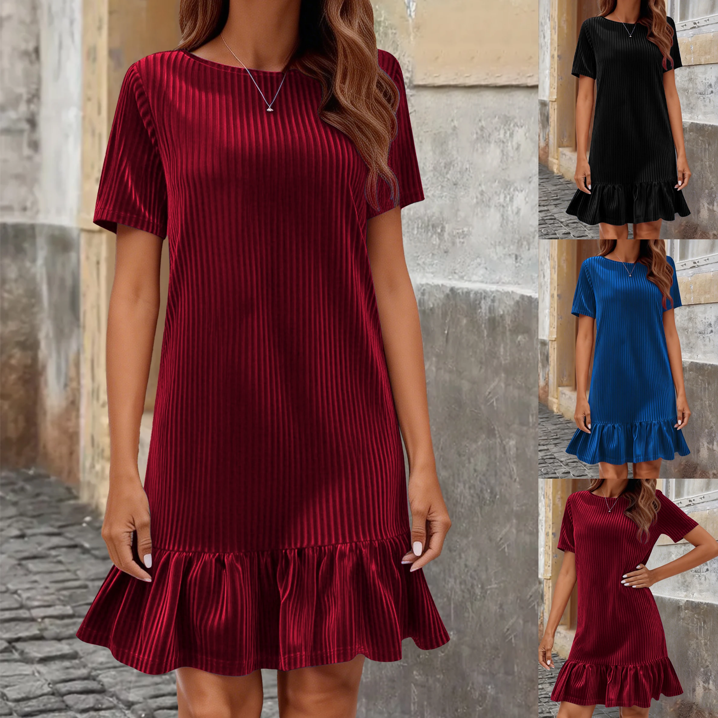 

Women's Summer Dress Plus Size, Round Neck Velvet Brushed Ribbed Knit Patchwork Fashion Casual