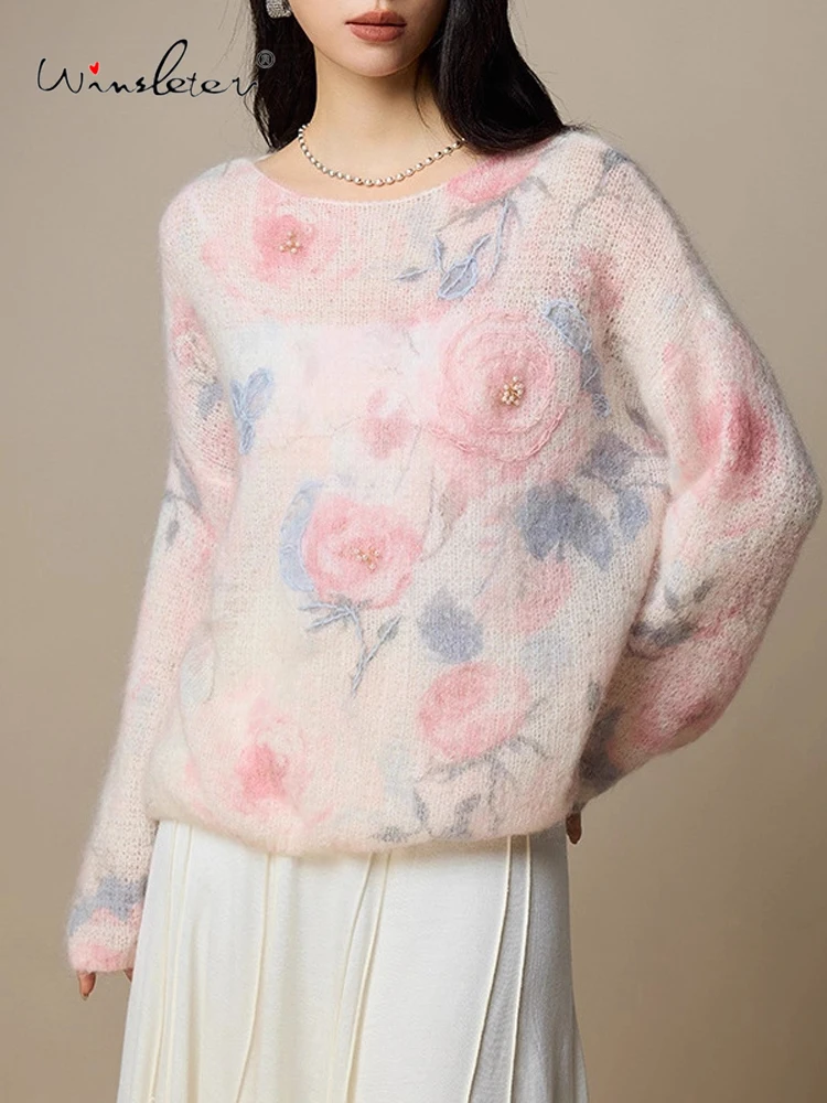 

Winsleter-26,6% Элегантный свитер из овечьей шерсти 30,5% мохера, принт с блестками, женский модный свободный вязаный свитер INS, зима 2025 T5N146CC