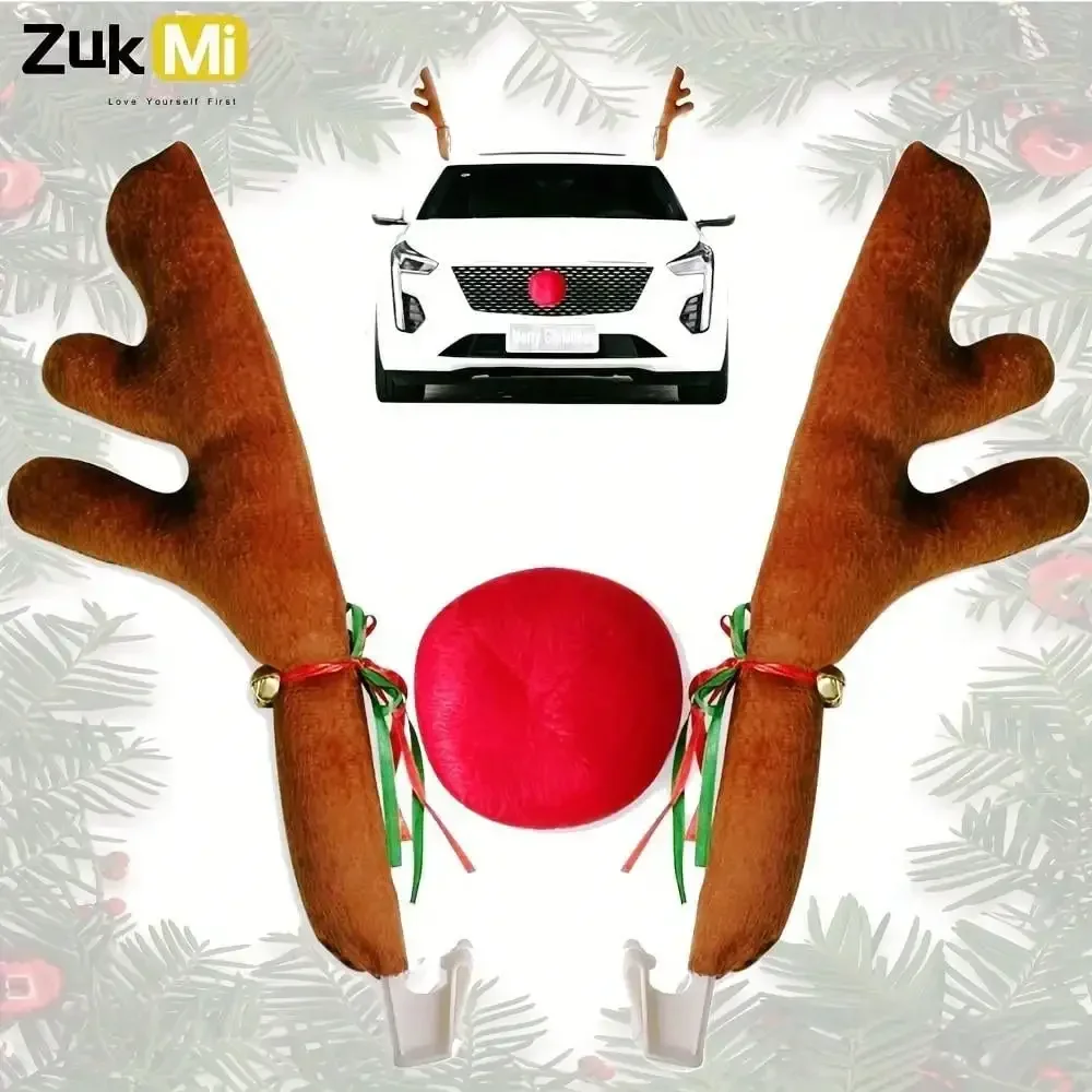 Reindeer Antlers & Nose For Car Auto Decoration, Cute Rudolph Reindeer Jingle Bell Added To Holiday Spirit Car Christmas Reindee