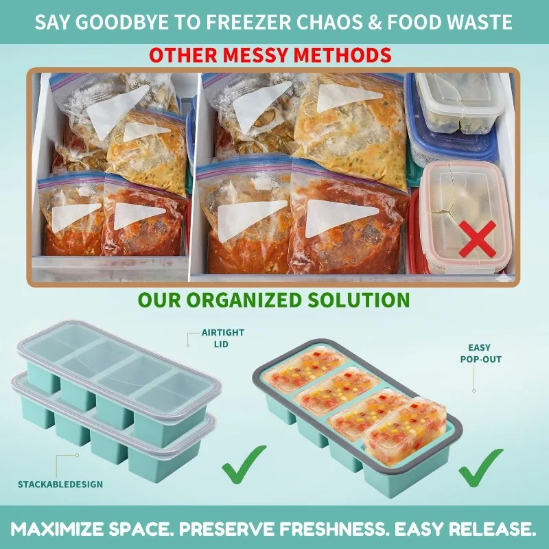 Silicone Freezer Tray with Lid, Stackable Soup Freezer Mold for Freezing Broth, Sauces and Meal Prep, Oven Safe