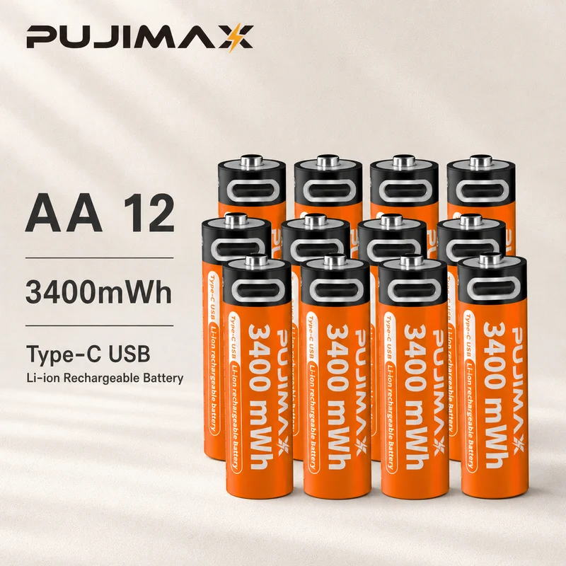 USB-C Rechargeable 1.5V Lithium-Ion AA3400mWh AAA1100mWh Battery for Flashlight Remote Control, Type-C Charging Cell