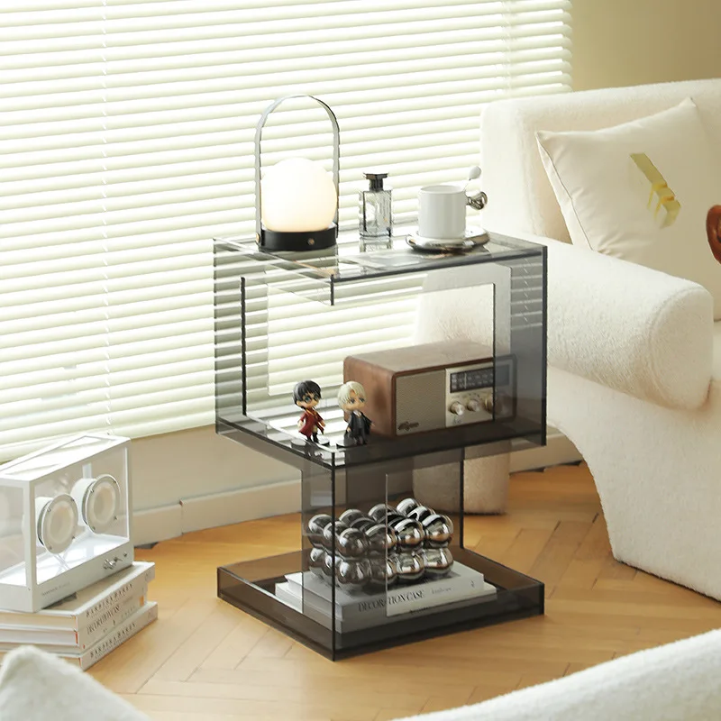 side few gray acrylic small coffee table, modern simple living room sofa, storage table rack