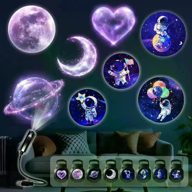 /PFU/LED USB Projector Light 8pcs Planet Hearts Moon Astronauts Projection Patterns Ceiling Decorative Night Light