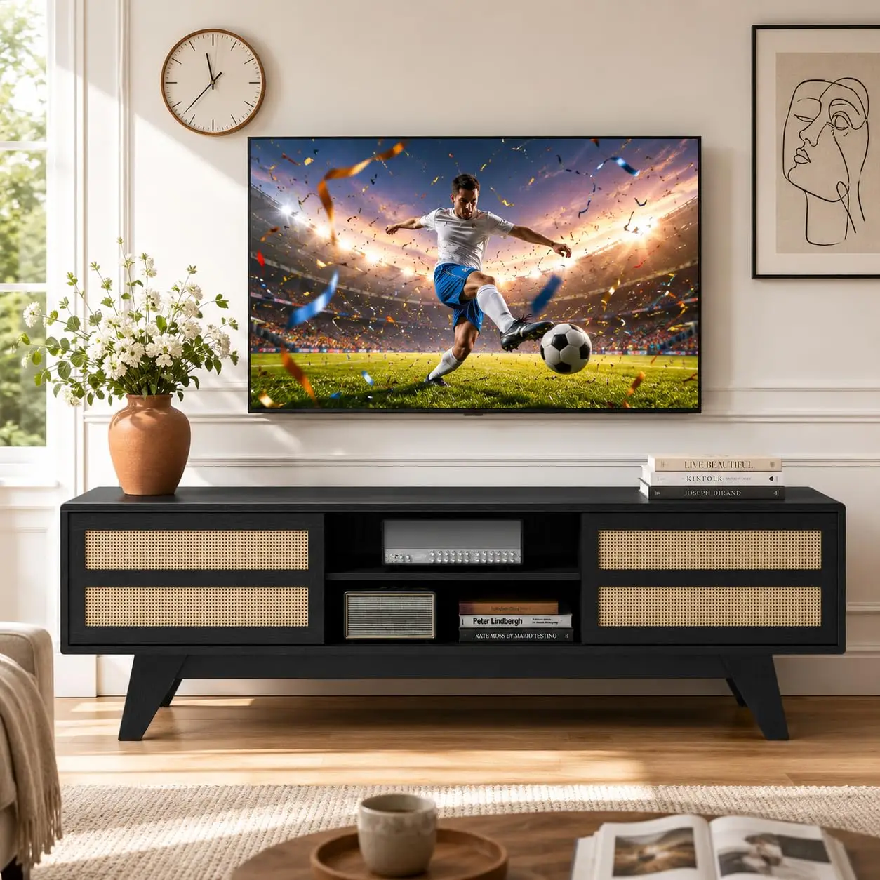 Boho TV Stand for 70 Inch TV with 2 Rattan Cabinets & Adjustable Shelf, Woven Console for Living Room, Black, Customized