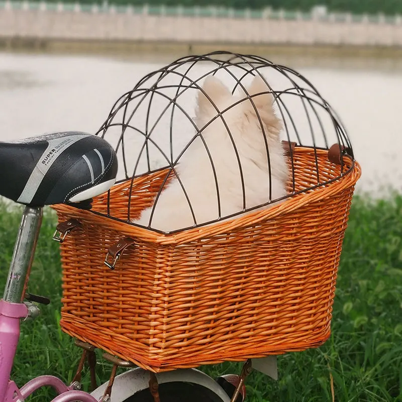 Rattan Pets Acessorios Cat Carrier Basket, Pet Dog Carrier Bag with Iron Cover, Rear Woven Basket Bicycle Frame Cat Transport