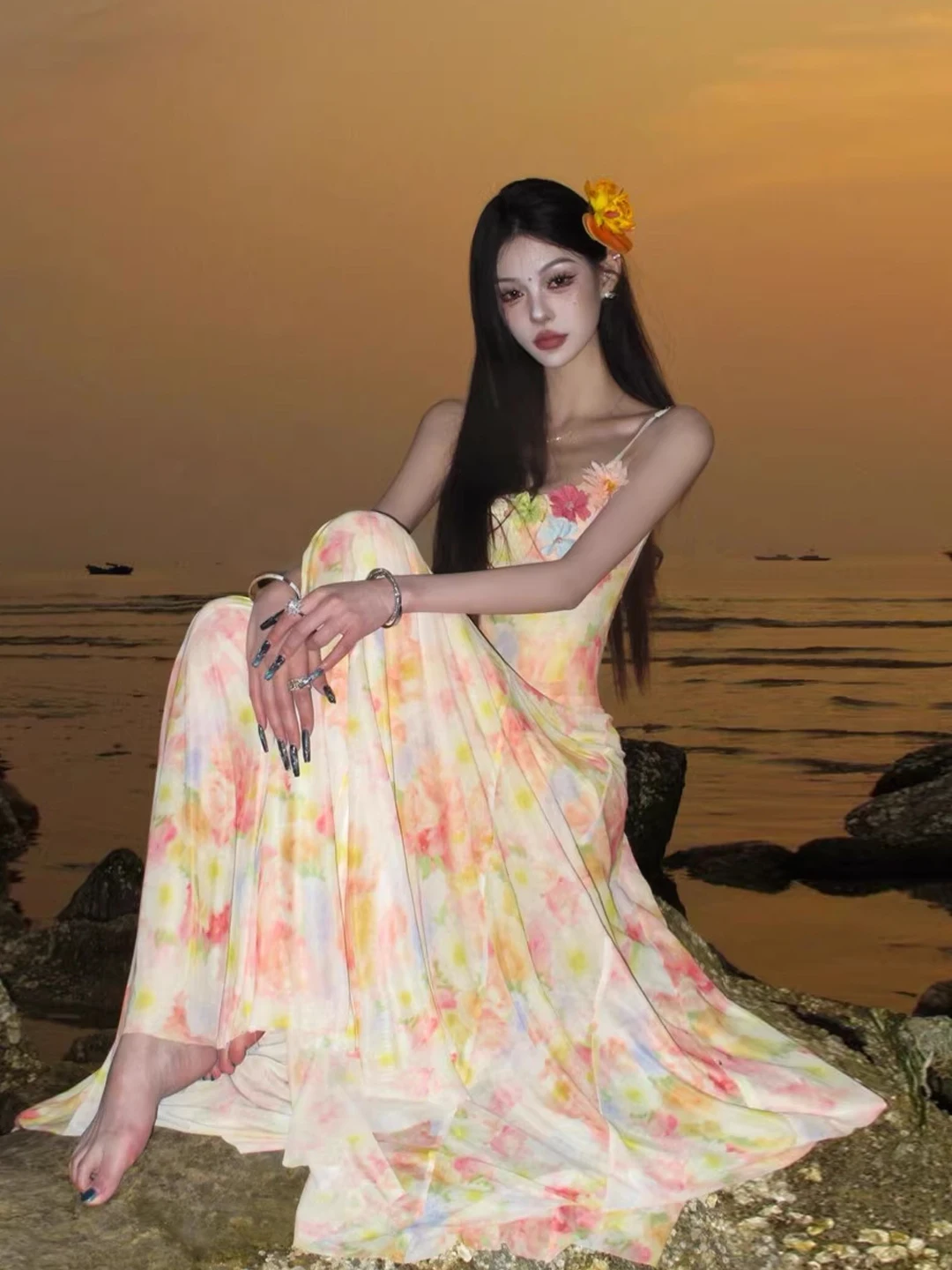 Praia foto adequada linha a dr estampa floral ter ne saia longa leve chiffon verão vaion sle feminino dr