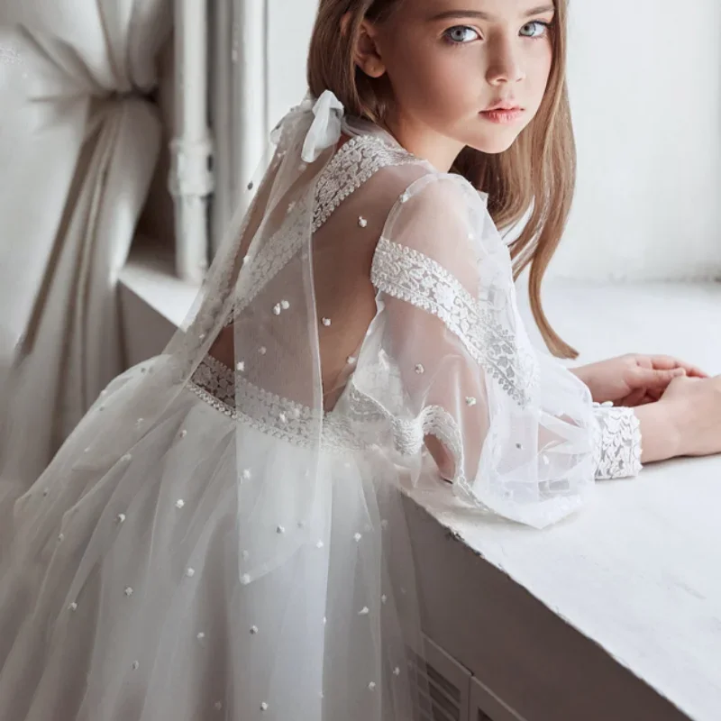 Robe de demoiselle d'honneur en dentelle, coupe trapèze, col rond, longueur au sol, pour mariage, première communion