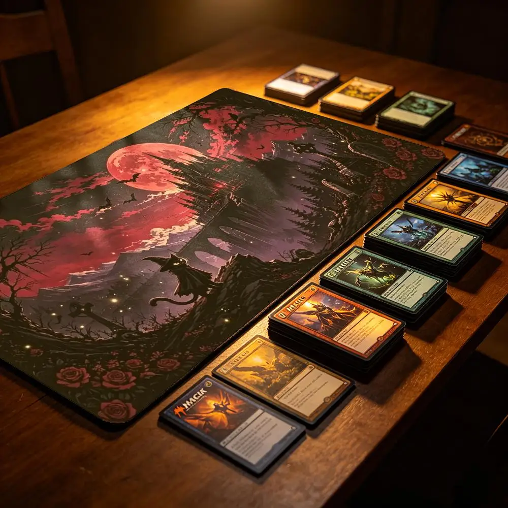 Red Blood Moon Gothic Castle Witch Black Cat TCG Playmat Halloween Dark Fantasy Premium Rubber Large Gaming Desk Mat Spooky