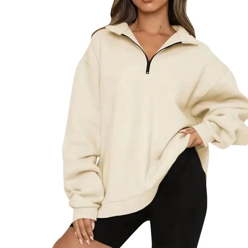 Solid Color Half Open Placket Women Wear Set Head Zipper Sweater Spring Summer Casual Long Sleeved Round Collar Sweater