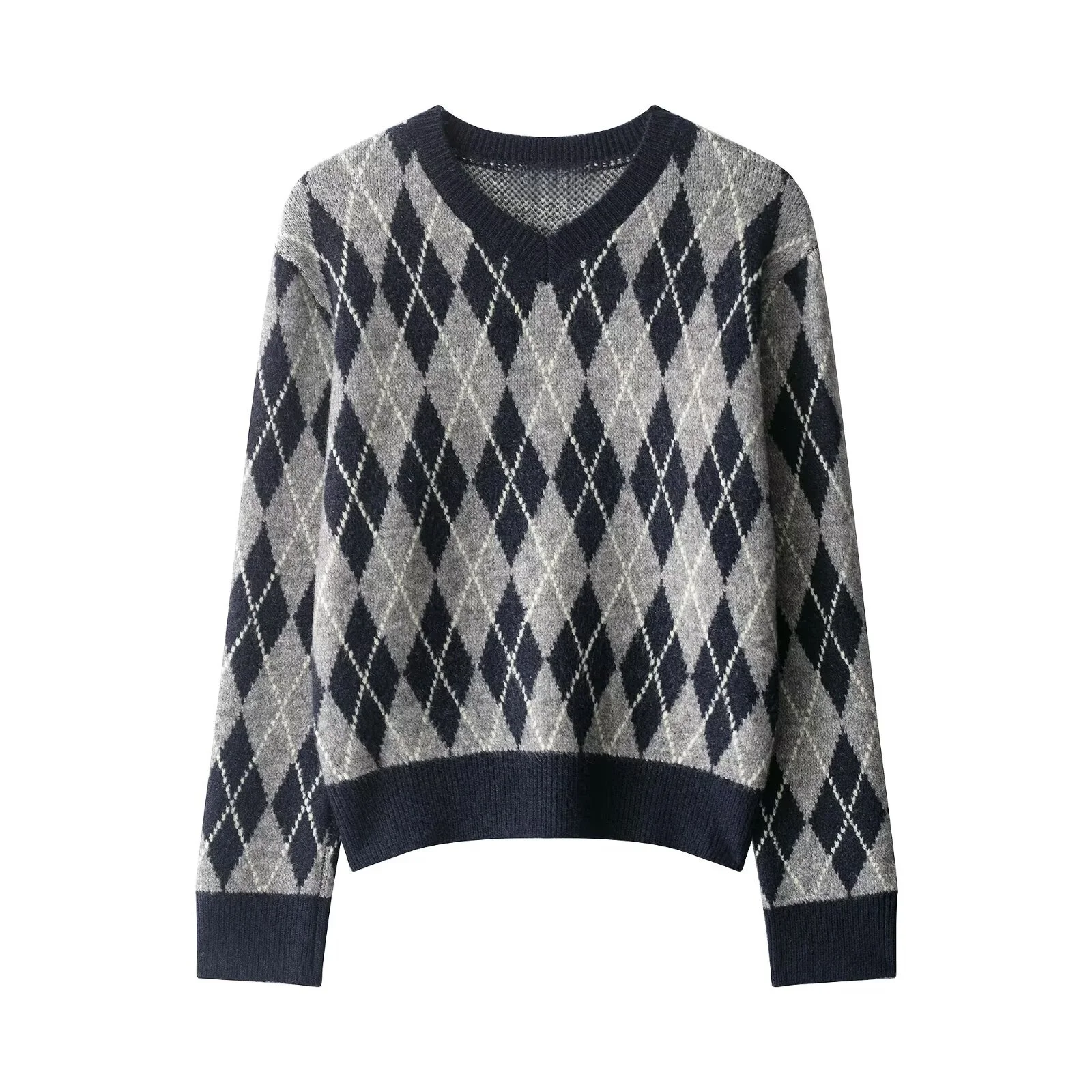 

2025 Autumn/Winter New Women's Casual Sweet Fashion V-neck Long Sleeve Diamond Pattern Short Knit Sweater