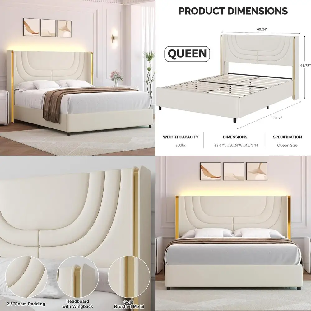 

Modern LED-lit Queen Bed Frame with Faux Leather Platform and Silver Wingback Headboard, No Box Spring Needed