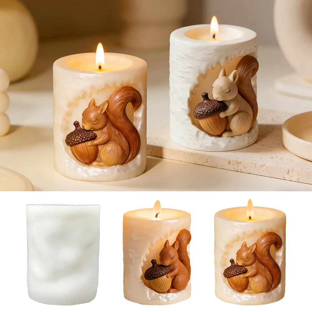 S0317  Creative Squirrel Relief Cylindrical Design Handmade Soap Candle Making Silicone Mold for Home DIY Crafting