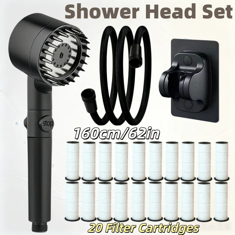 Black 4-Mode High Pressure Handheld Shower Head Set 20/15/10 PCS Replacement Filter Cartridges No Drill Bracket & 62in Hose
