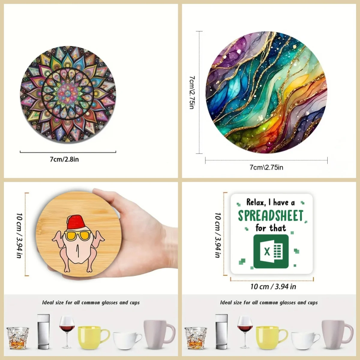 2/4 round square Coaster, cat, Mandala, irregular pattern, Wooden material, Desktop non-slip Decoration, Holiday party