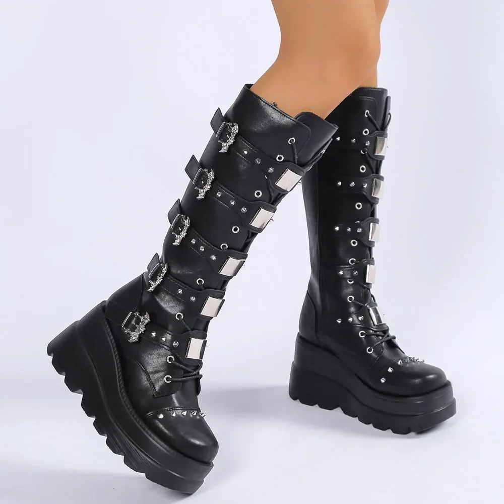 

Large Size43 Women Boots Fashion Knee-high Boots Belt Buckle Design Boots High Quality Leather Boot Punk Gothic Platform Booties