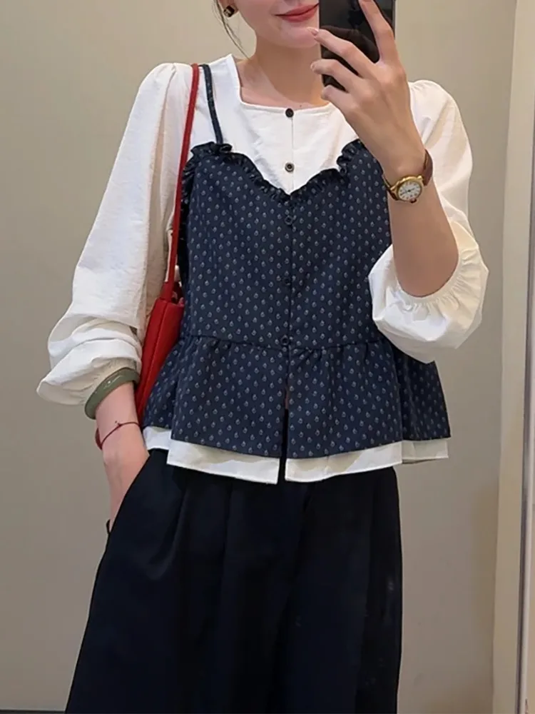 

Spring Autumn Women's Long Sve Polka Dot Print Patchwork Color Blo Casual Loose Fit irt Classic round Ne Top