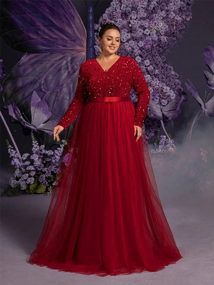 

V-neck red velvet long-sleeved Christmas sunset wedding bridesmaids 4XL 5XL evening dress BIG Size Prom gown