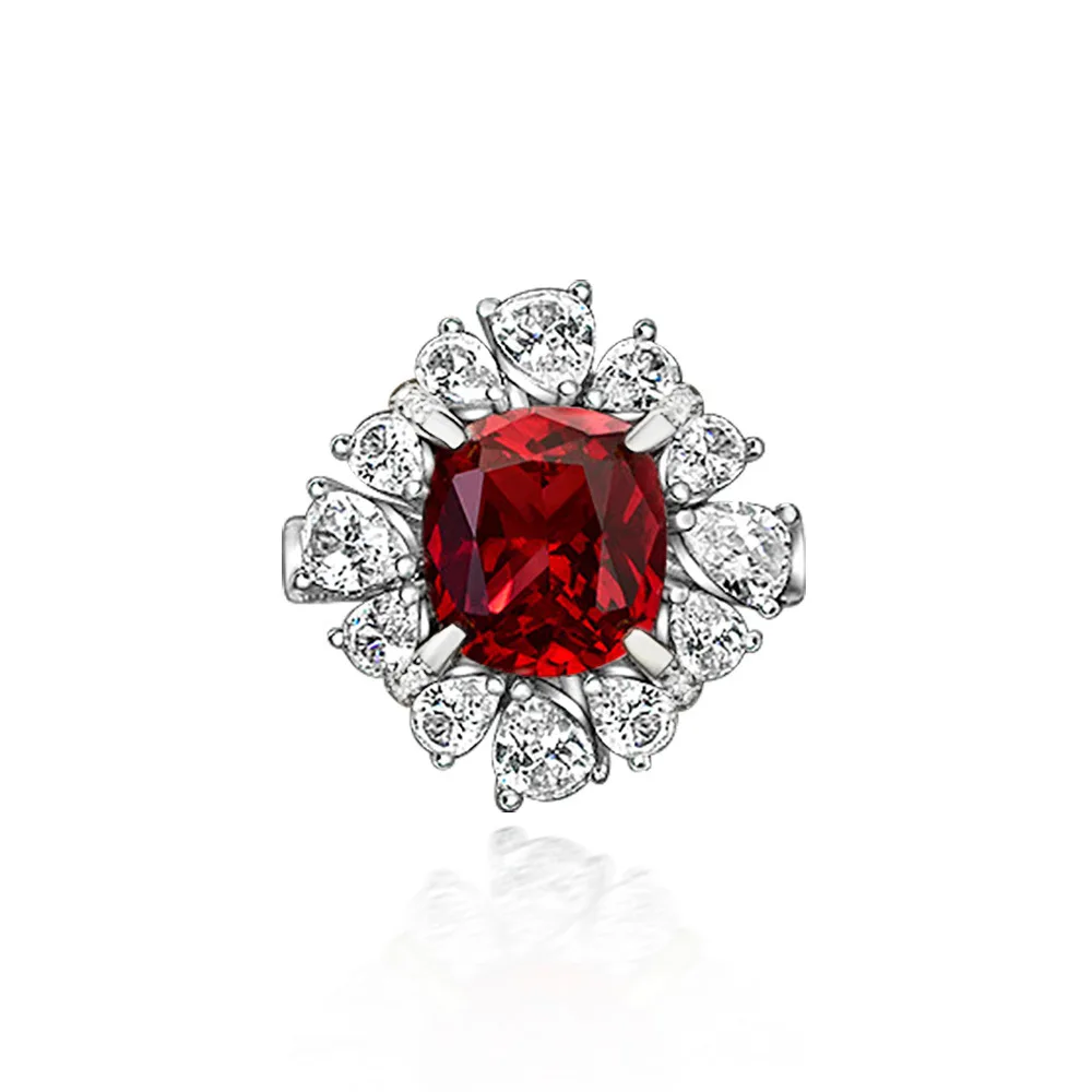 

2023 New Simulated Ruby 6 Carat Fat Square 10 * 11 Luxury Full Diamond 925 Sterling Silver Ring