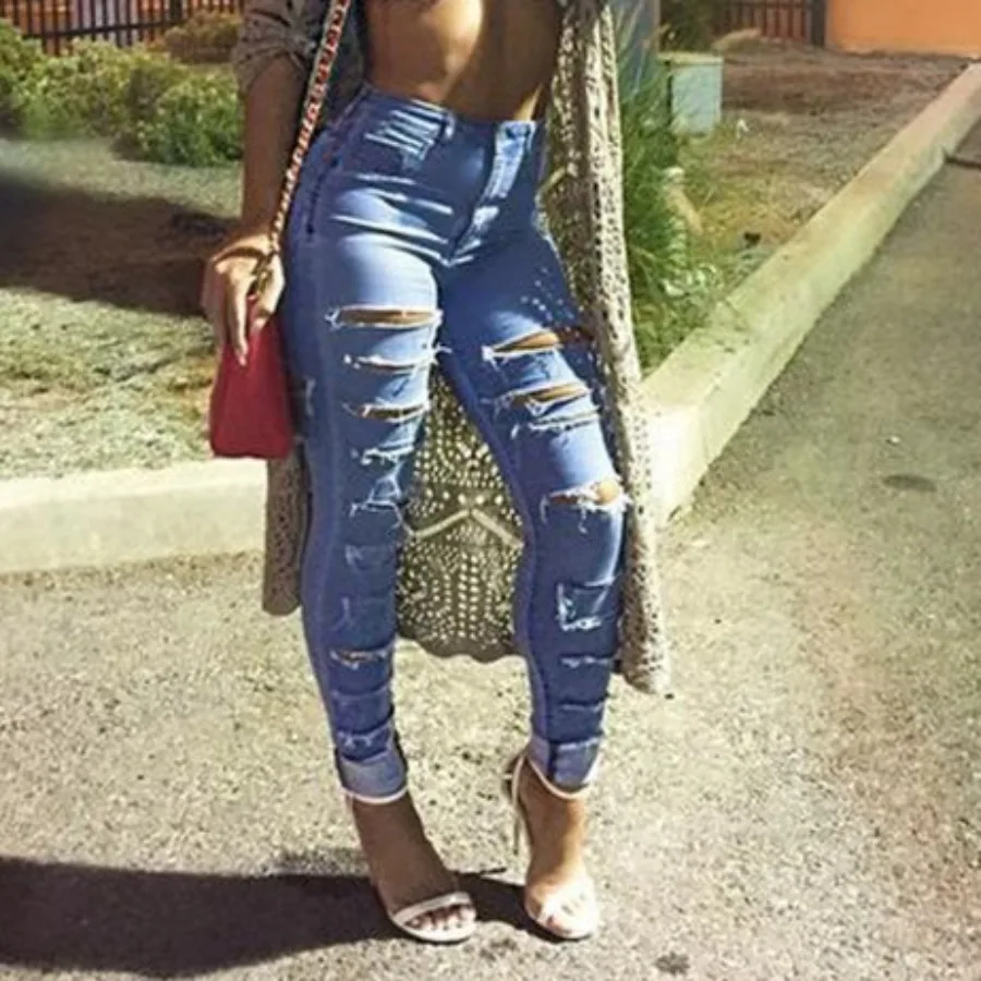 

Pencil Pants Women Hole Jeans 2025 Streetwear Stretch High Waist Distressed Washed Pockets Skinny Ankle Length Trousers Denims