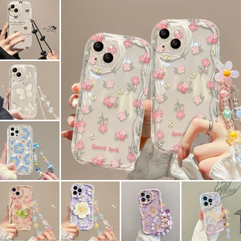 Custodia per cordino a catena di fiori 3D per OPPO Reno 7 4G 11 11F A78 A79 A98 5G A58 A38 A18 copertura per fiori con bordo ondulato morbido